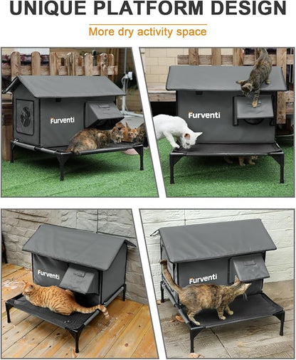 Heated Cat House for Outside,More Platform Space,Extremely Weatherproof & Insulated in Winter,Elevated Outdoor Cat Shelter with Eaves & Escape Door for Barn Feral Stray Cat(Dark Grey,Large)