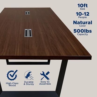 ahliss Sturdy Conference Table with Cable Management Grommets Modern Rectangle Office Meeting Table with Wood Tabletop and Metal Frame & Legs- Easy Assembly Boardroom Table (Dark Brown, 10 Foot)