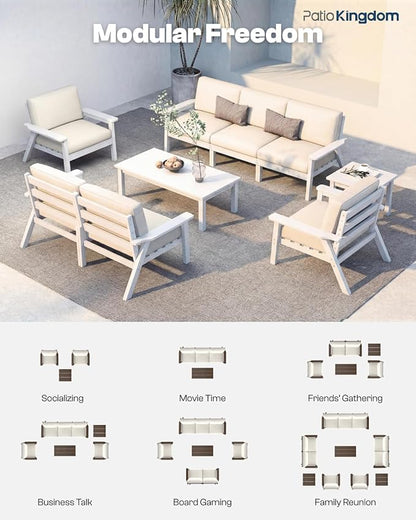 Patio Kingdom Patio Furniture Set 3 Seats, HDPE Outdoor Sectional with Washable Beige Thick Cushions, Coffee Table & Side Table, Patio Conversation Sets for Lawn, Garden, Porch, Balcony (White Frame)