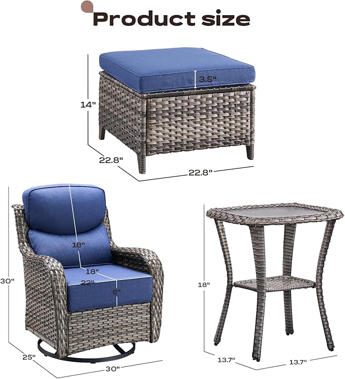 Rilyson Wicker Outdoor Patio Furniture Set - 5 Piece Patio Conversation Sets with Swivel Rocker Chairs, Ottomans and Side Table, 6 inch Cushions, Waterproof Wicker, for Porch Deck Mixed Grey/Blue