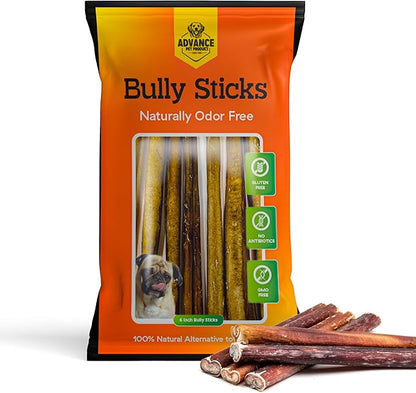 Advance Pet Products 6 Inch Bully Sticks (Pack of 5) - 100% Beef, Odor Free Dog Chews for Aggressive Chewers - Long Lasting, Gluten-Free, Easy to Digest, High Protein & Rawhide Free Chews for Dogs