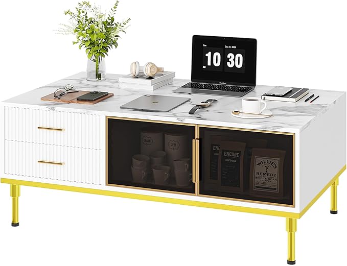 Modern White Coffee Table with Gold Metal Legs for Living Room - Large Center Table with 2 Glass Door Storage & 4 Drawers, Sintered Stone Table Top for Reception Room White