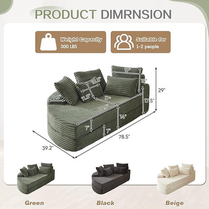 Antetek Chaise Lounge Chair Indoor, Convertible Folding Futon Sofa Bed w/ 5 Pillows, Fluffy Corduroy Boneless Compressed Memory Foam Couch for Living Room, Bedroom (Green, Left Half)