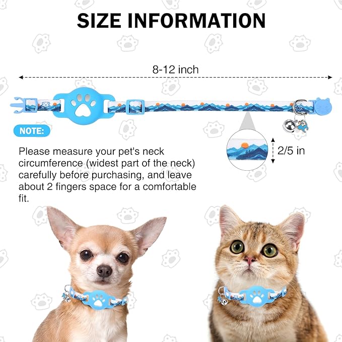Airtag Cat Collar Breakaway, Cute GPS Cat Tracker Collars with Air Tag Holder, Safety Cat Collars with Bell & Pendant for Girl Boy Cats, Blue