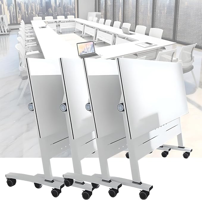 Folding Conference Room Tables, Flip Top Mobile Training Table with Wheels, Mobile Dynamic Meetings Training Tables, Portable Office Executive Desk, Rolling Seminar Meeting Table (4, White, 55.1in)