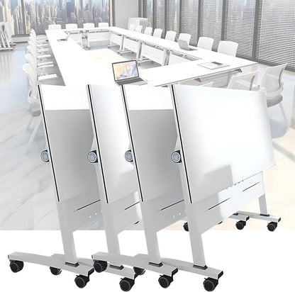 Folding Conference Room Tables, Flip Top Mobile Training Table with Wheels, Mobile Dynamic Meetings Training Tables, Portable Office Executive Desk, Rolling Seminar Meeting Table (4, White, 55.1in)