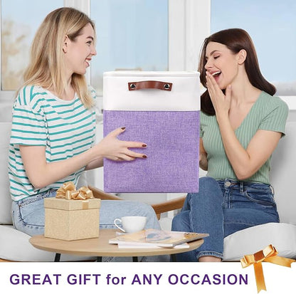 Large Fabric Storage Baskets | 50L Storage Bins, Decorative Linen Closet Baskets with Handles for Organizing, Shelf, Toys, Clothes, Home, Office, Nursery, 17x12x15Inches (Purple&White)