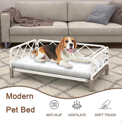 Dog Sofa Bed, Elevated Dog Couch with Washable Removable Gray Cushion, Rattan White Wicker Orthopedic Raised Pet Sofa for Outdoor, Indoor