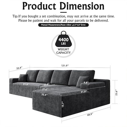 3-Piece Boneless Modular Sectional Sofa, Cloud Couch with Right Facing Chaise, Oversized Deep Seat, Soft Corduroy Fabric, Sectional Couch for Living Room-Grey