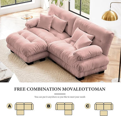 94.4" Loveseat Sofa, 2 Seater Modular Sectional Sofa, Pink Large L Shaped Sectional Fluffy Couch, Chenille Cloud Couch with Ottoman, Deep Seat Sofas for Living Room