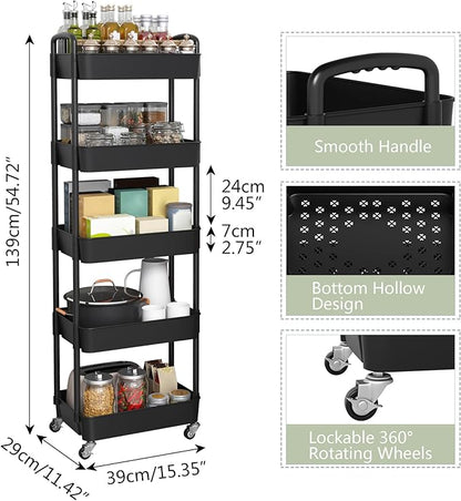 Sywhitta 5-Tier Plastic Rolling Utility Cart with Handle, Multi-Functional Storage Trolley for Office, Living Room, Kitchen, Movable Storage Organizer with Wheels, Black