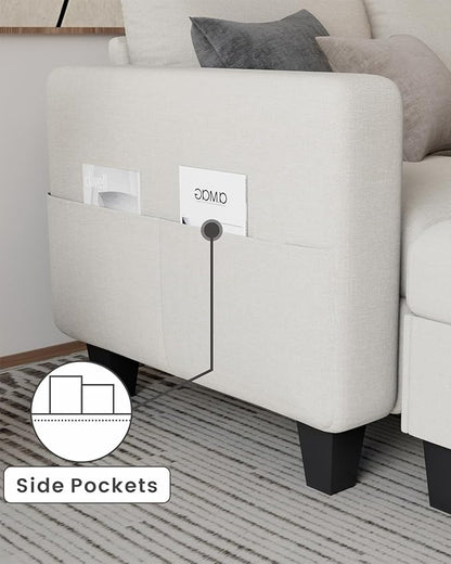 Sectional and Sofa Couches for Living Room, Linen 3-Seat L-Shaped Sofa with Storage Ottoman, Pet-Friendly Washable Fabric, Convertible Couches for Small Apartments, Bedroom, Office