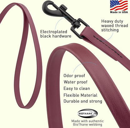 Dogline Biothane Waterproof Dog Leash Strong Coated Nylon Webbing with Black Hardware Odor-Proof Easy to Clean High Performance for Small or Large Dogs Made in USA 4 or 6 ft Lead, Merlot Burgundy