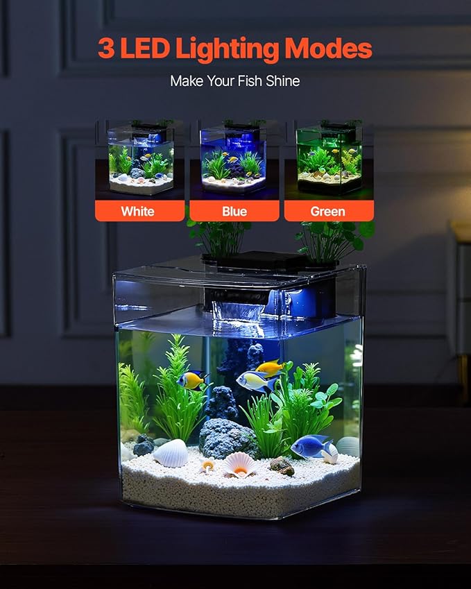 VEVOR Fish Tank Aquarium, 2 Gallon Arch Ultra-Clear GPPS Starter Smart Tank Adjustable 3 Color Lighting, Self Cleaning System Fishbowl for Freshwater & Saltwater Fish Home, Office, or Pet Use