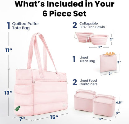 Puffer Dog Travel Bag for Dog Moms, Diaper Bag with Travel Bowls | 2 BPA-Free Collapsible Bowls, 2 Pet Food Containers, 9 Pockets, Everyday Puffer Bag Works With or Without Your Dog, Soft Pink