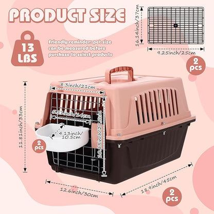 2 Set Pet Carrier for Small Dogs and Cat, Hard Shell Plastic Dog Crate with Bowl and Cooling Pad Fully Breathable Portable Kennel for Small Pet Travel Camp (Brown,18.9 x 12.6 x 11.8 Inch)