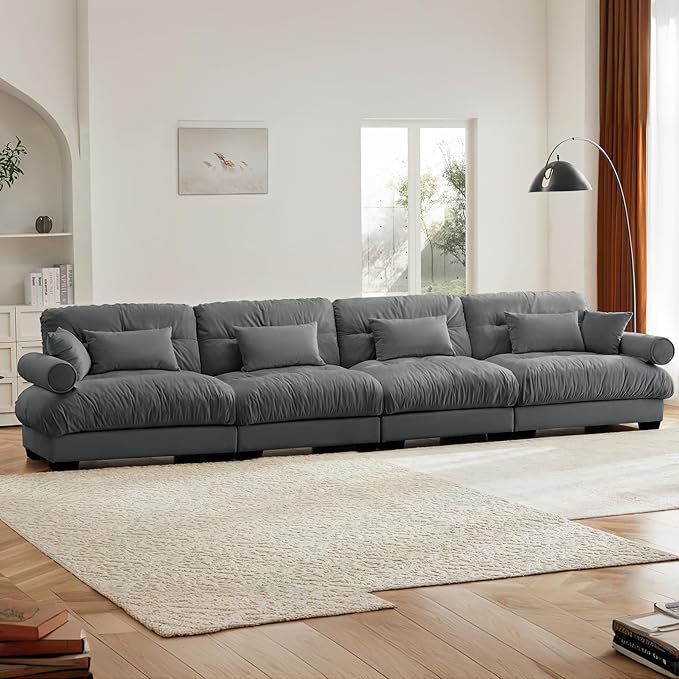 166" Grey Modular Sectional Sofa, 4 Seater Large Sectional Couches for Living Room, Velvet Fabric Oversized Fluffy Cloud Couch with Ottoman, Deep Seat Home Sofas Set, Sofá Moderno