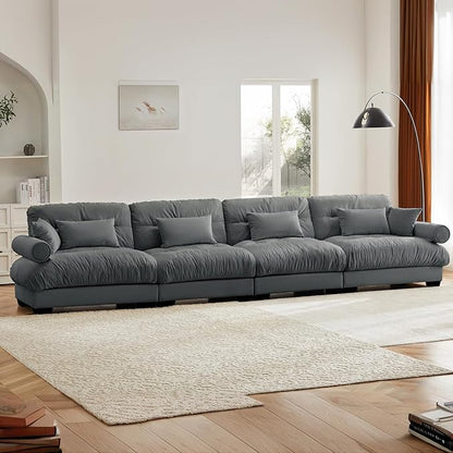 166" Grey Modular Sectional Sofa, 4 Seater Large Sectional Couches for Living Room, Velvet Fabric Oversized Fluffy Cloud Couch with Ottoman, Deep Seat Home Sofas Set, Sofá Moderno