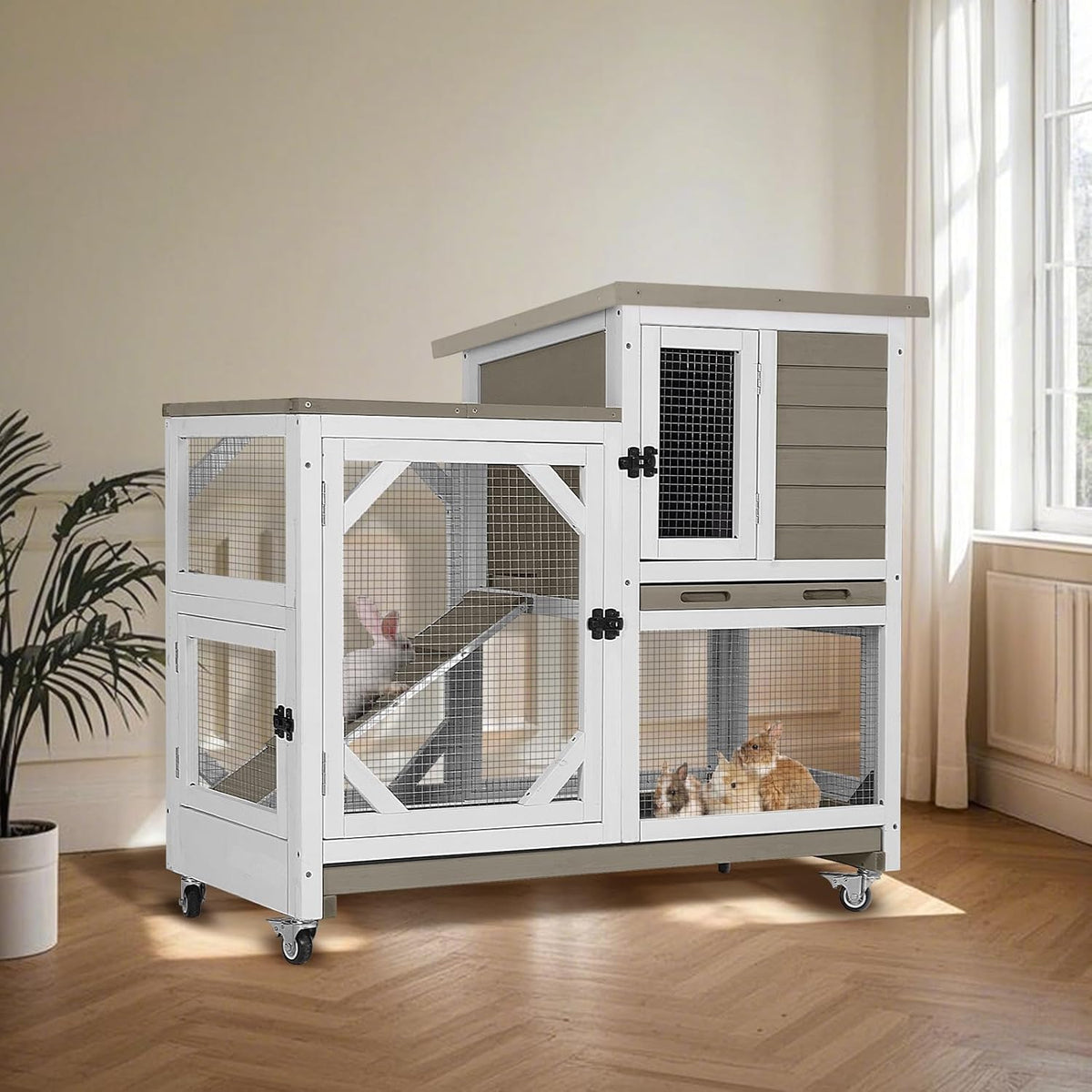 Rabbit Hutch Indoor for 2-4 Rabbits & Guinea Pigs，Bunny Cage with Slide-Out Plastic Trays，Wooden Small Animal Cage for Rabbits, Bunnies, and Guinea Pigs (Light Brown)