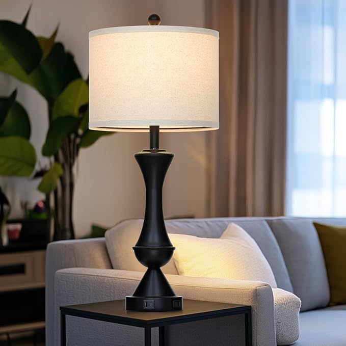 29" Black Tall Table Lamps for Living Room, Touch Control Bedroom Lamp with USB A+C Ports, 3-Way Dimmable Bedside Table Lamps Set of 2, Modern Metal Lamp for Nightstand