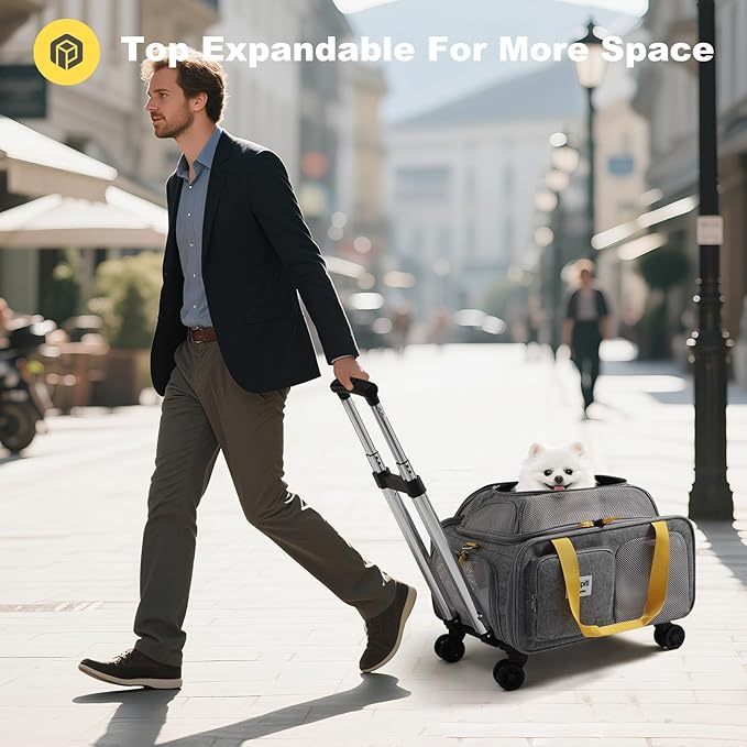 18x13.5x9 TSA Approved top Expandable Rolling pet Carrier for Small Dog Puppy cat up to 8 lbs and 17'' in,Soft Sided for Spirit Southwest Airline,with 4 Wheels and 2 Pockets(Grey).