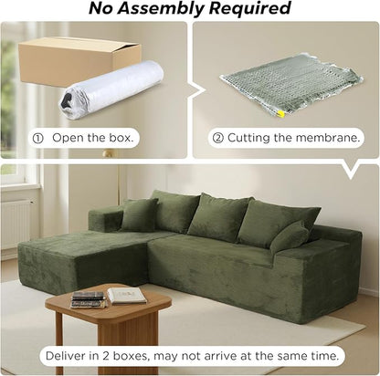 Green Sectional Couches for Living Room, Boneless Couch with L-Shape Chaise, Modular Sofa in Box with Deep Seat, No Assembly Required
