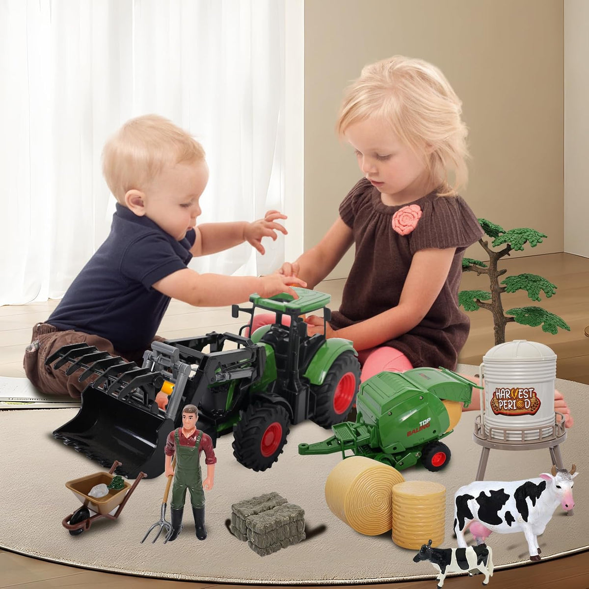 Farm Tractor Toys Set Bale Haying Round Baler with Barn Farmer,Cow,Farm Tools,Tree Farm Tractor Pla yset for Kids Toddler Boys Girls Ages 3-7 Years