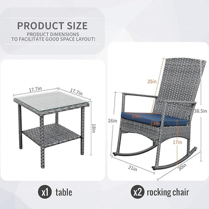 Oasishine Rocking Chair Outdoor 3 Pieces High-Backed Patio Rocking Chairs Bistro Table and Chairs Set of 2, Navy Blue