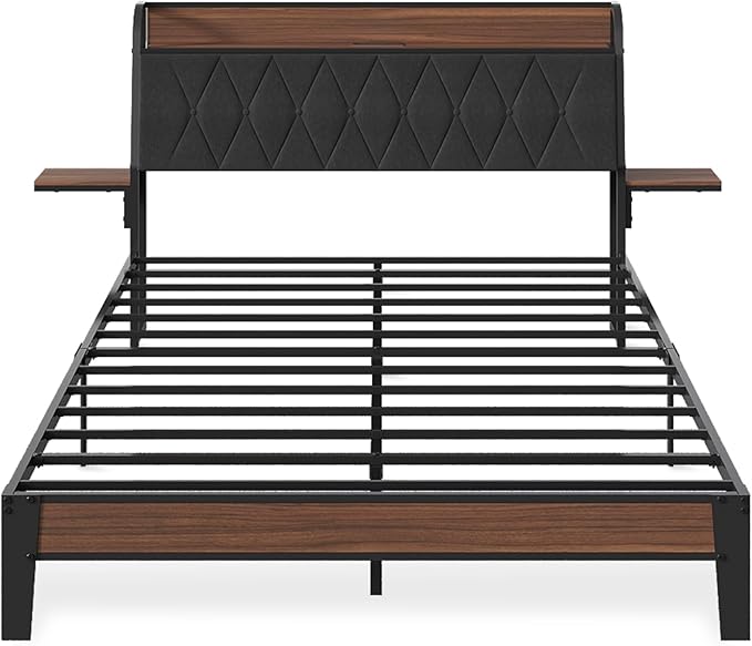 WLIVE Queen Size Upholstered Bed Frame with 2 Side Shelves, Linen Tufted Storage Headboard with Charging Ports and LED Light, Metal Solid and Stable, No Box Spring Needed, Easy Assembly, Brown