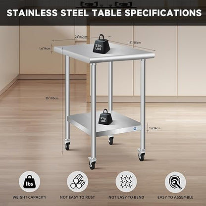 PIUMACU Stainless Steel Table with Wheels 24 x 18 Inch Commercial Stainless Steel Prep Table, Metal Table for Kitchen Restaurant Garage