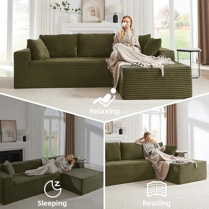 104 Inch Cloud Sectional Couch with L-Shape Chaise,Modern Boneless Couches with Deep Seat,Corduroy Sponge Compressed Sofa for Living Room, Bedroom,No Assembly Required (Green, Right Facing Chaise)