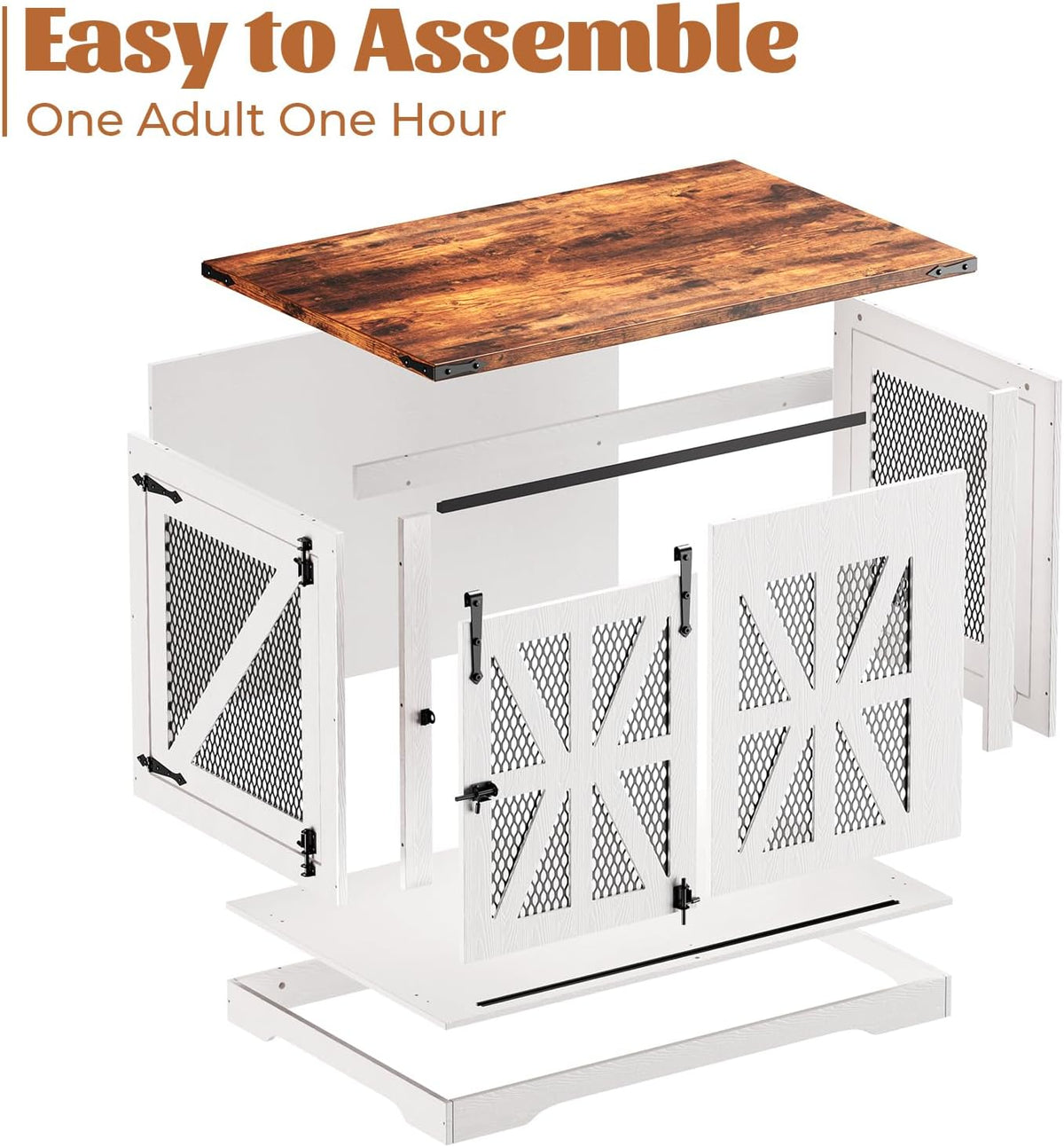 VOPEAK 43.3" XL Dog Crate Furniture, Chew Resistant Dog Crate for Medium Large Dogs, Heavy Duty Extra Large Dog Crate Dog Kennel Indoor with Double Doors, Wooden End Table for Living Room, White