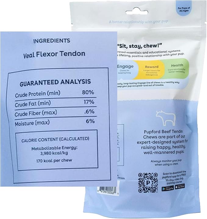 Pupford Thick Beef Tendon Chews for Dogs & Puppies, All-Natural Dog Chew with Glucosamine for Joint Health, Long-Lasting Toy, Great for Teething (5 Count)