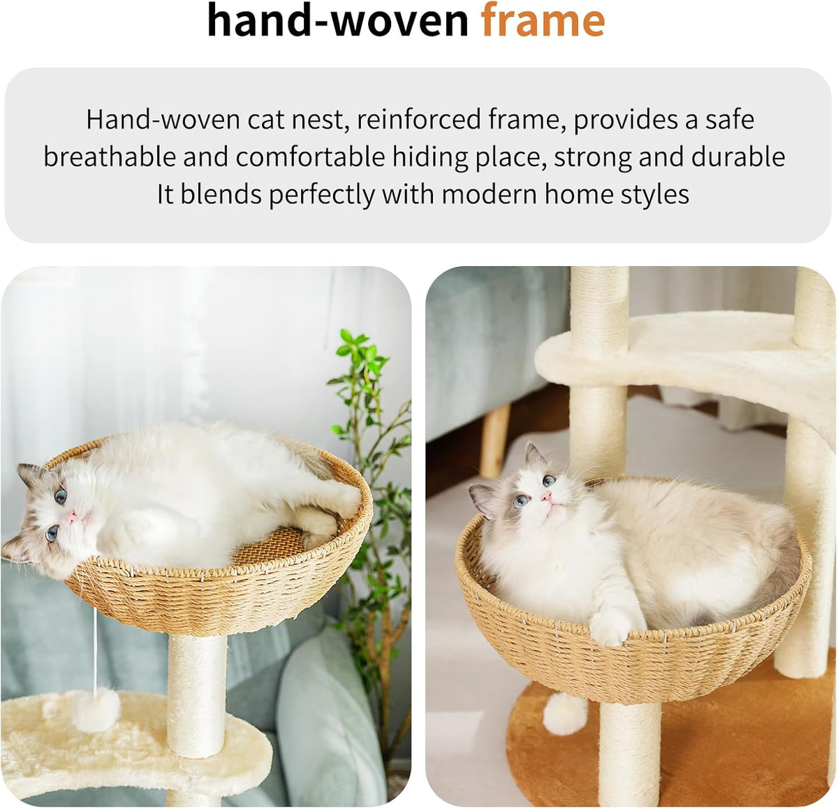 Modern Cat Tree Tower,Hand-Woven Ma Teng cat nest, Sisal-Covered Scratching Posts for Indoor Cats, Multi-Level Cat Condo with Space Capsule Nest, Tall Cat Tree for Multiple Large Cats
