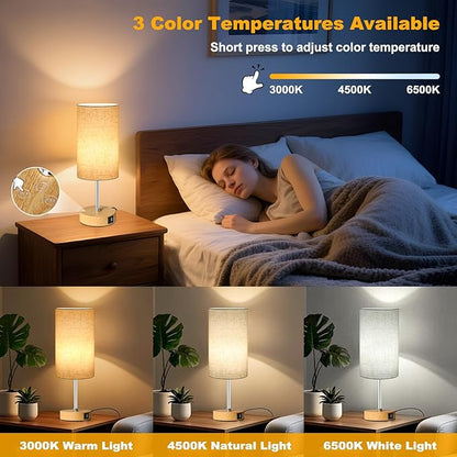 Unicozin Small Table Lamp, 3CCT & 7 RGB Color Changing, Dimmable Nightstand Lamp with Wood Grain Base, Touch Bedsides Lamp for Bedroom, Office, Kids Room, Nursery, Party, Beige Shade