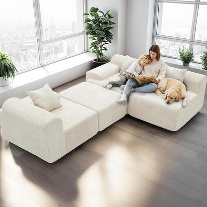 119’’ Modular Compression Sofa, L-Shaped Cloud Sectional Couch with Chaise & Deep Seating, Modern Upholstered Living Room Couch with Removable Pillows, Easy Expand Design, Beige Chenille Fabric