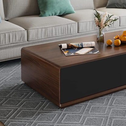 POVISON Modern Coffee Table for Living Room, 51 inch Square Coffee Table with Storage, 4-Drawers Wood Table, Full-Assembled, Walnut and Black