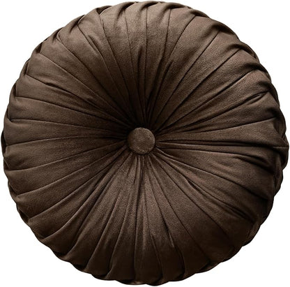 Teieas Round Throw Pillow Velvet Home Decoration Pleated Round Pillow Cushion for Couch Chair Bed Car (Brown)