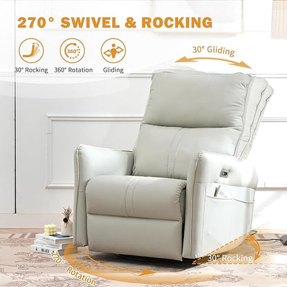 QKFF Power Swivel Rocker Recliner Chair for Nursery, Upholstered 270° Swivel Glider Rocker Chair with USB Ports, Small Power Recliners for Small Spaces Living Room (Light Grey)