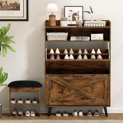 EOYUTLLY Shoe Cabinet with Bench, Entryway Shoe Organizer with 2 Flip Drawers &