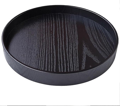 Round Wood Serving Tray, Solid Wooden Decorative Tray Non-Slip Tea Coffee Table Tray Snack Plate Food Meals Serving Tray with Raised Edges for Home Decor Kitchen Restaurant(10.6inch, Black)