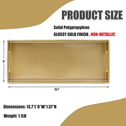 Plastic Gold Vanity Tray with Handles, Small Decorative Tray Desktop Storage Organizer for Bathroom, Living Room, 13.7"*5.9"*1.37"