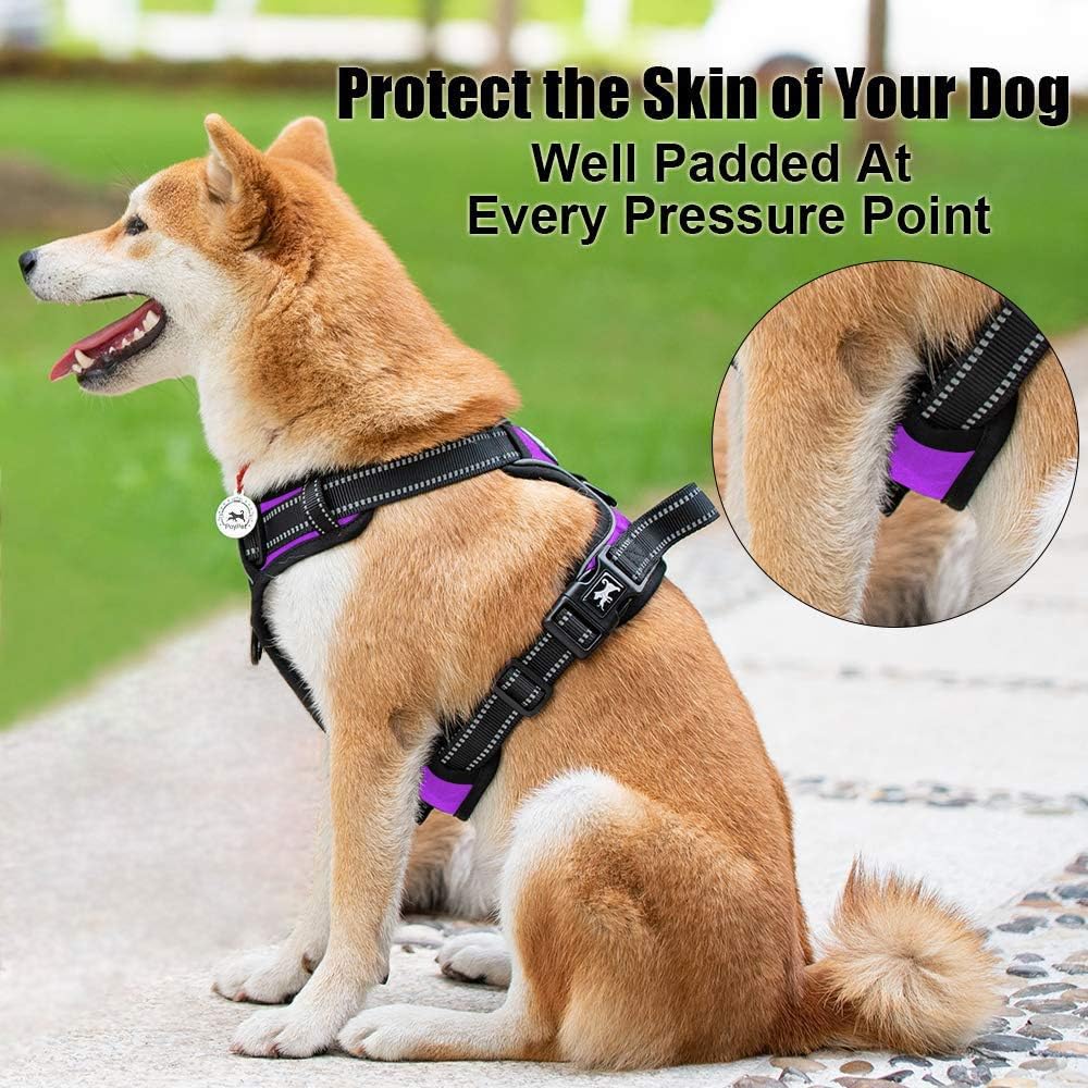 PoyPet No Pull Dog Harness, Reflective Comfortable Vest Harness with Front & Back 2 Leash Attachments and Easy Control Handle Adjustable Soft Padded Pet Vest for Small to Large Dogs (Purple,L)