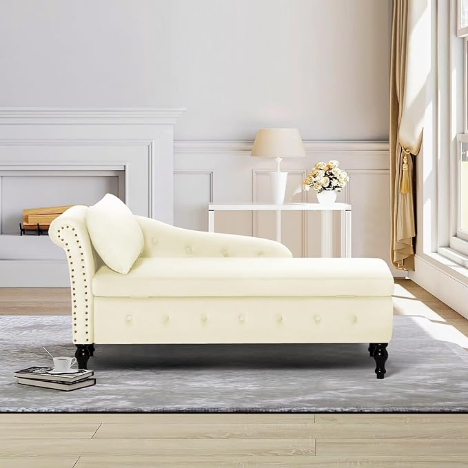 ACMEASE Upholstered Chaise Lounge with Left Armrest & Lumbar Pillow,Button Tufted Lounge Sofa with Storage,Lounge Chair Indoor,Modern Velvet Lounge Chair for Bedroom, Living Room and Office,Beige