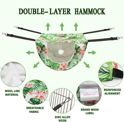JSPYFITS Cat Cage Hammock with Ball,Double Layer Hanging Adjustable Soft Pet Bed Suit for Kitten Ferret Puppy Rabbit or Small Pet, 2 Level Indoor Bed for All Season(INS Green Leaves)