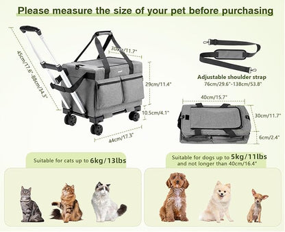 Pecute Cat Carrier with Wheels,Steel Wire Frame Cat Carrier, Stable Pet Trolley Bag for Cats, Pet Handbag and Stroller, Portable Cat Carrier Bag for Car Travel Bus Subway, Grey