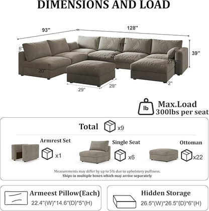 Cloud Modular Sectional Sofa Couch with Storage Ottoman, 128" Oversized Sectional Couches for Living Room, Cloud Modular U-Shaped Sofa with Chaise, 8 Seater, Chenille, Light Gray