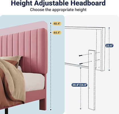 Allewie Twin Bed Frame, Velvet Upholstered Platform Bed with Adjustable Vertical Channel Tufted Headboard, Mattress Foundation with Strong Wooden Slats, Box Spring Optional, Easy Assembly, Pink