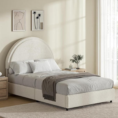 Twin Size Bed Frame, Boucle Upholstered Platform Bed with Headboard, Cloud Bed Frame with Soft Rounded Corners, No Box Spring Required, Easy Assembly, White
