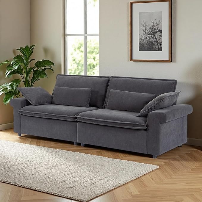94 Inch Sofa, Oversized Couch with Wide Arms, Modern 2-Seater Sofa w/Throw Pillows, Chenille Fabric, Deep Seat Cushion, Easy Assembly, Comfy Couch for Living Room, Apartment, Office, Dark Grey